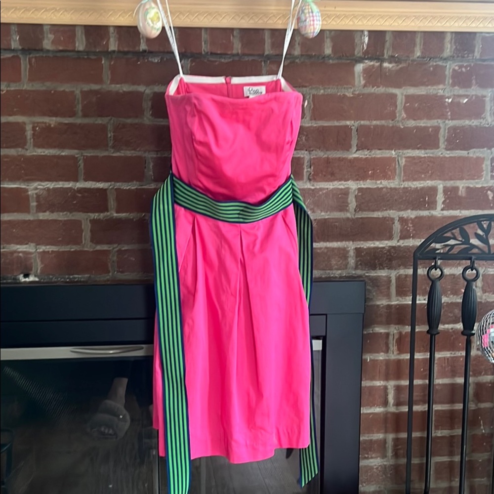 Adorable SPRING LILLY Pink Strapless Dress with Green Belt